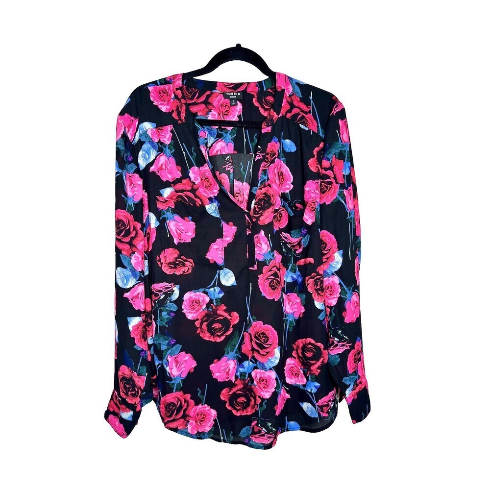 Torrid Harper Blouse Womens 2 US 2X Black Pink Floral Long Sleeve Button Shirt